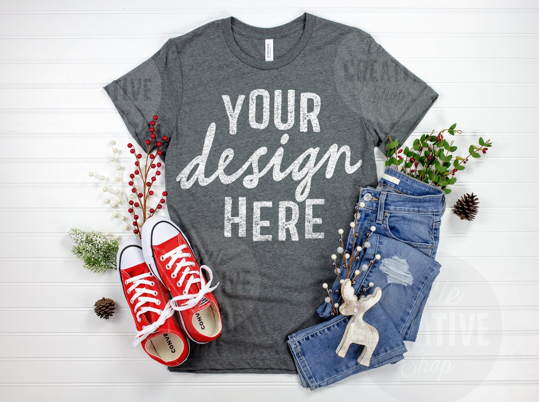 MOCKUP Bella Canvas 3001 Deep Heather Shirt Christmas Reindeer Red ...