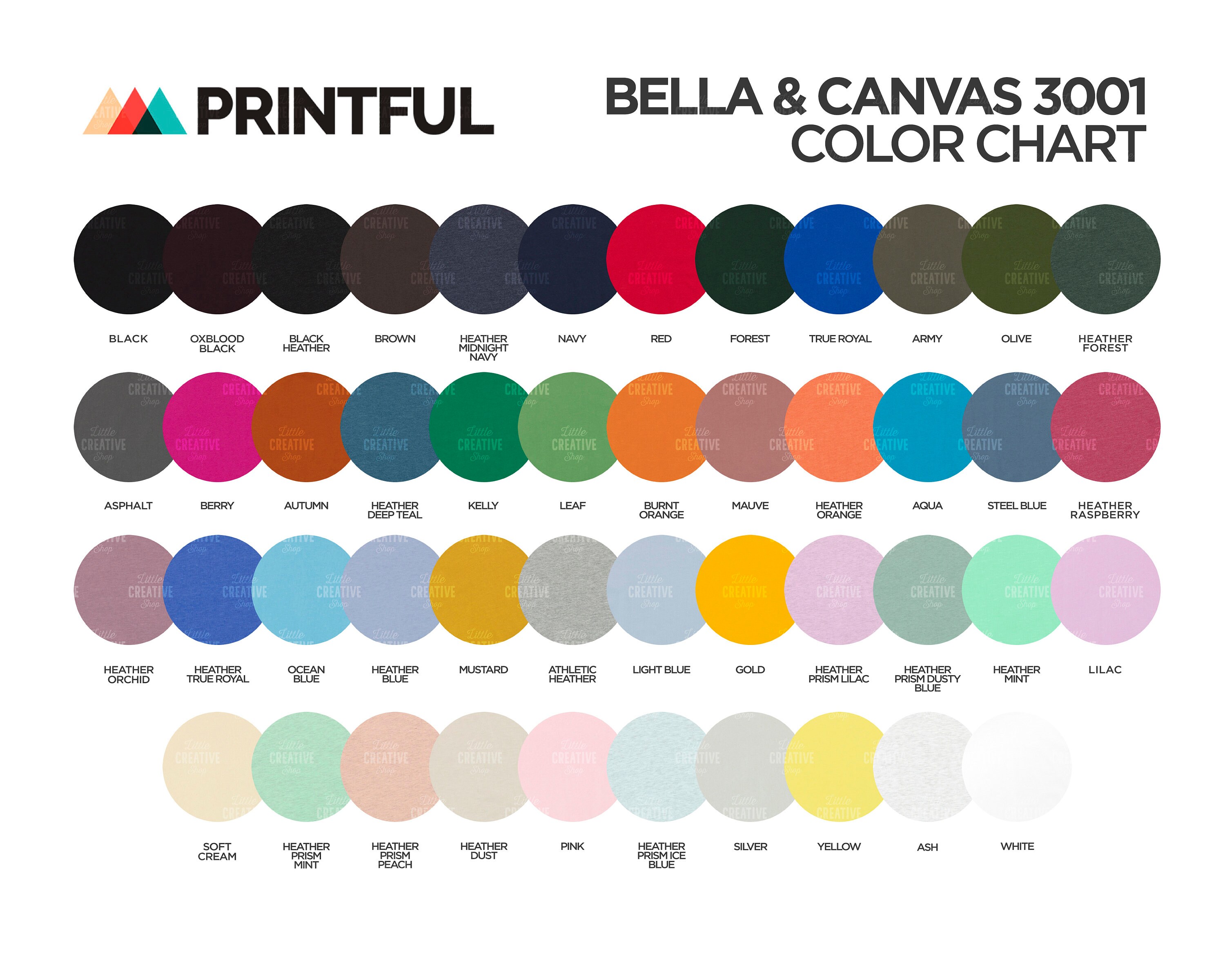 Printful Color Chart All Bella Canvas 3001 Colors Available Etsy