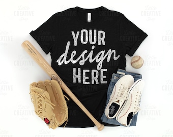 MOCKUP - Bella Canvas 3001 Black Heather Shirt Flat Lay Mockup American Baseball Glove Bat, Shoes, Jeans White Background JPEG