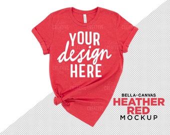 May include: A red heather Bella + Canvas t-shirt mockup with the text "Your design here" printed on the front.