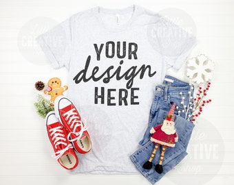 MOCKUP - Bella Canvas 3413 White Fleck Triblend Shirt Christmas Snowflake Santa T-Shirt Red Shoes Jeans Lay Flat Mockup on White Background