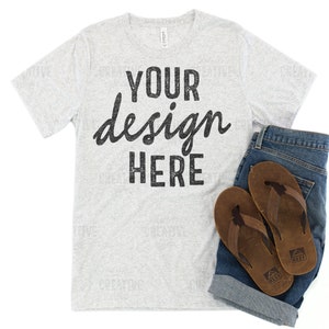 MOCKUP - Bella & Canvas White Fleck Triblend 3413 Mockup Printful Printify Summer Men&#39;s T-Shirt, Jean Shorts and Sandals Flat Lay