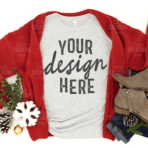 MOCKUP - White Fleck Triblend 3413 Shirt Red Sweater Christmas Lights Snowflake Pine T-Shirt Jeans Boots Flat Lay Mock Up JPEG File