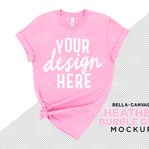 MOCKUP - Bella Canvas Heather Bubble Gum Pink 3001 Knotted Women's T-Shirt Flat Lay Mockup Transparent PNG File Tshirt Mock Up