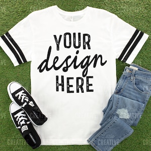 MOCKUP - LAT Live And Tell 6937 White Black Football Jersey Shirt Flat Lay Mockup Jeans Black Shoes Grass Men&#39;s Women&#39;s Kids