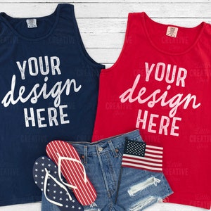 MOCKUP - Red / True Navy Comfort Colors 9360 RS Tank Top July 4th Independence Day Mockup Flag Women&#39;s Jeans Shoes Flat Lay Mock Up JPEG