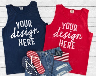 MOCKUP - Red / True Navy Comfort Colors 9360 RS Tank Top July 4th Independence Day Mockup Flag Women's Jeans Shoes Flat Lay Mock Up JPEG