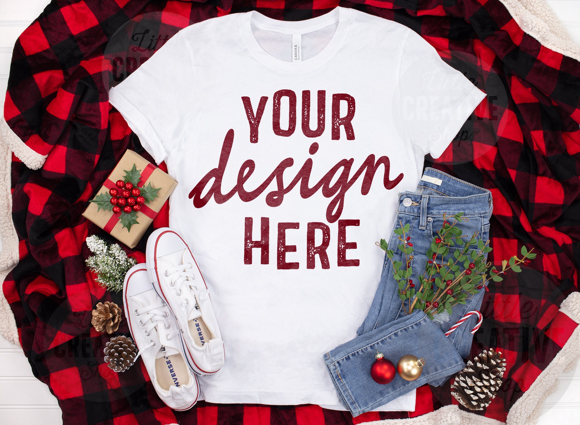 MOCKUP - Bella Canvas 3001 White Shirt Christmas Flannel Plaid Blanke…