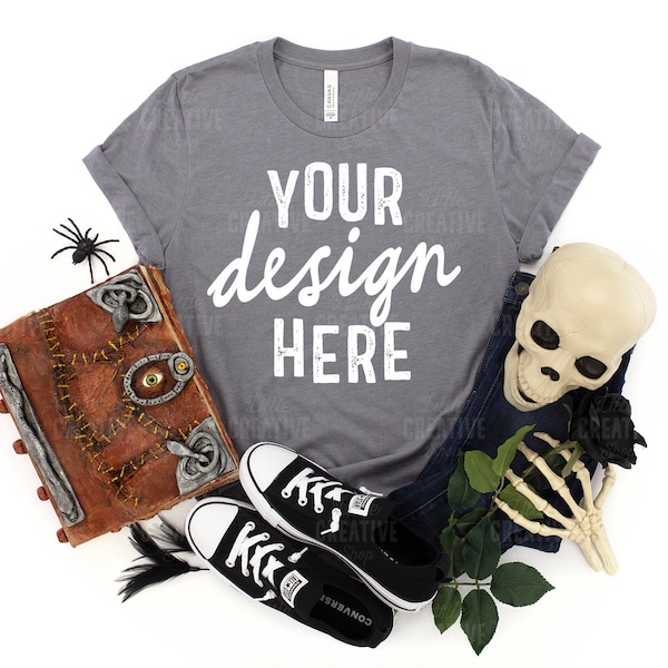 MOCKUP - Heather Storm 3001 Bella Canvas Halloween Winifred Hocus Pocus Skull Spider Black Rose Flat Lay Image Mock Up T-Shirt JPEG