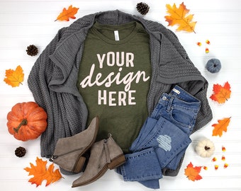 MOCKUP - Bella & Canvas 3001 Heather Olive Tshirt Mockup Sweater Autumn Pumpkin Women's T-Shirt Fall Mockup Lay Flat on White Background