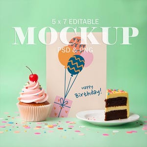 Geburtstagskarten-Modell - bearbeitbar 5x7 Vertikal A7, PSD Smart-Objekt, PNG, Cupcake, Kuchen, Niedlich, Mock, Geburtstagskartenszene