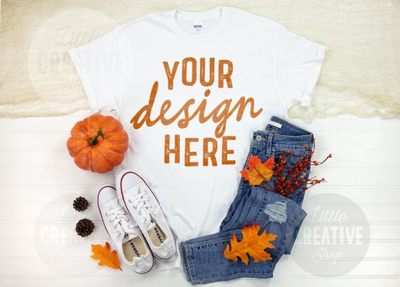 MOCKUP - Gildan 5000 G500 White Shirt Autumn Pumpkin T-Shirt Fall Elements Jeans Lay Flat Mockup on White Background