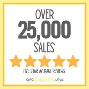 May include: A yellow and white graphic with the text "OVER 25,000 SALES" in grey. Five yellow five-pointed stars are below the text, with the text "FIVE STAR AVERAGE REVIEWS" below the stars. The text "little CREATIVE shop" is at the bottom of the graphic.