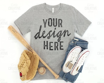 MOCKUP - Bella Canvas 3001 Athletic Heather Shirt Flat Lay Mockup American Baseball Glove Bat White Shoes and Jeans on White Background JPEG