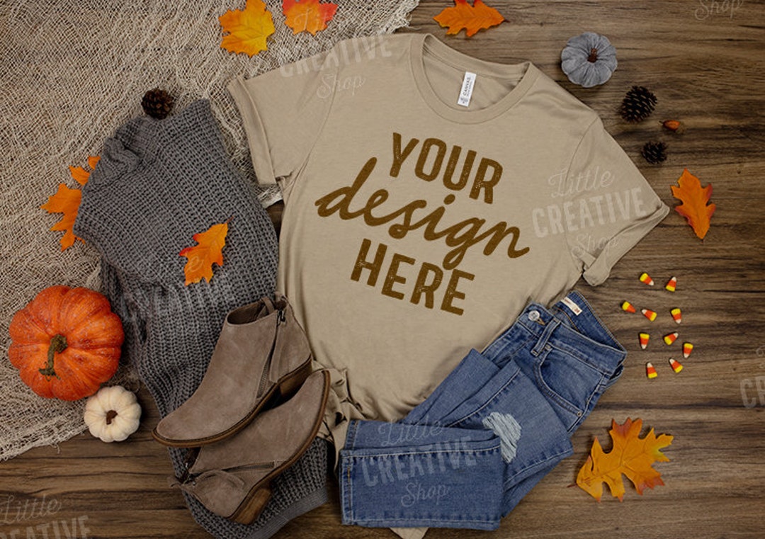 MOCKUP Bella & Canvas 3001 CVC Heather Tan Autumn Women's T-shirt Fall ...