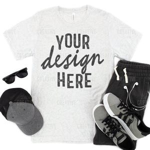 MOCKUP - Bella & Canvas White Fleck Triblend 3413 Mockup Printful Printify Men&#39;s T-Shirt, Joggers, Shoes, Hat, Earbuds, Sunglasses Flat Lay