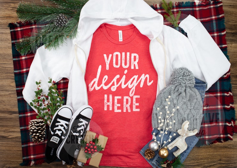 Download MOCKUP Bella Canvas 3001 Heather Red T-Shirt White Hoodie ...