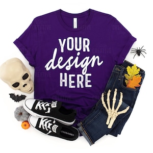 MOCKUP - Team Purple 3001 Bella Canvas Halloween Skull Skeleton Spider Flat Lay Image Mock Up T-Shirt JPEG