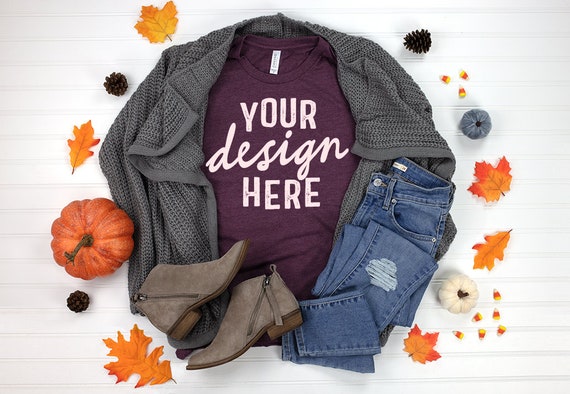 Mockup Bella Canvas 3001 Heather Maroon Tshirt Sweater Etsy