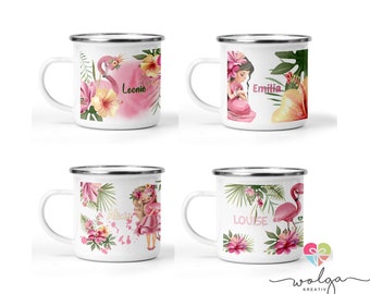 Enamel children's cup - mug personalized flamingo with name shatter-proof kindergarten girls boys personalized with name