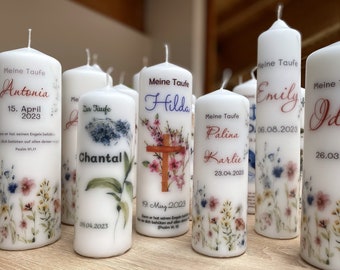 modern christening candle wildflowers flowers for girls boys candle for baptism, birth communion personalized name date baptism godmother candle