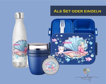 Personalisierte Bento Mepal Brotdose Thermo Trinkflasche Joghurtbecher Lunchpot mit Namen Meerjungfrau Muschel Pausenset für Schule und Kita