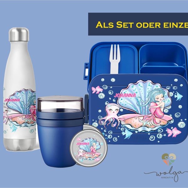 Personalisierte Bento Mepal Brotdose Thermo Trinkflasche Joghurtbecher Lunchpot mit Namen Meerjungfrau Muschel Pausenset für Schule und Kita