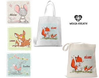 Children's bag fabric bag with name for children fox mouse rabbit elephant personalized girl boy kindergarten school