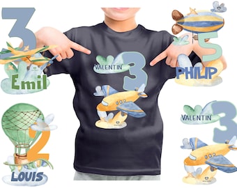 Tee shirt anniversaire chemise anniversaire personnalisé anniversaire enfant fille ou garçon prénom numéro avion montgolfière