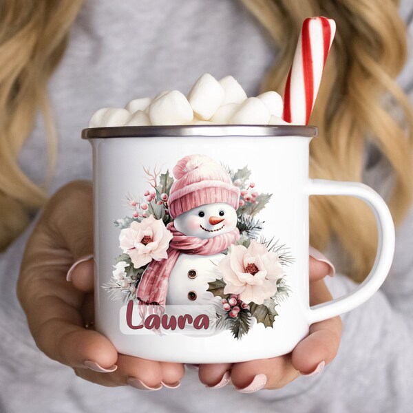 Emaille Tasse Becher Campingbecher personalisiert Weihnachten Nikolaus Geschenk Schneemann mit Name bruchsicher Mädchen Jungen