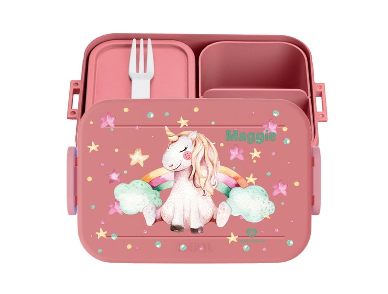 Personalisierte Bento Mepal Brotdose Fächer Thermo Trinkflasche Joghurtbecher Lunchpot mit Namen Einhorn Regenbogen Pausenset Schule Kita Bento Dose