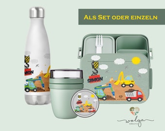 Personalisierte Bento Mepal Brotdose Trennfächer Trinkflasche Joghurtbecher Lunchpot mit Namen Baustelle Pausenset für Schule und KiTa