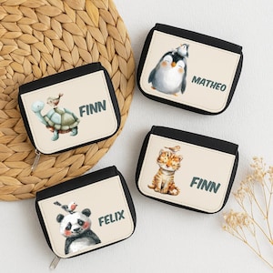 Personalisiertes Kinder Portemonnaie mit Namen und Tier Motiv wie Eule Koala Tiger Frosch Zebra Panda oder Krokodil für Jungen und Mädchen