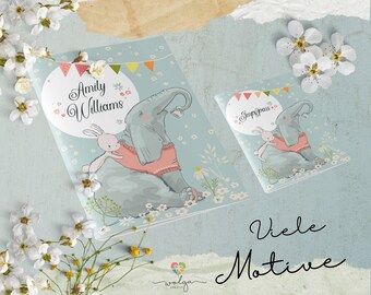 Set U-book vaccination certificate cover elephant rabbit envelope personalized with name gift birth baptism printed