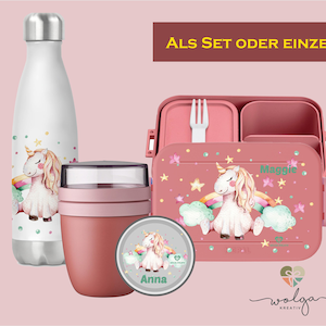 Personalisierte Bento Mepal Brotdose Fächer Thermo Trinkflasche Joghurtbecher Lunchpot mit Namen Einhorn Regenbogen Pausenset Schule Kita Dose Flasche Becher