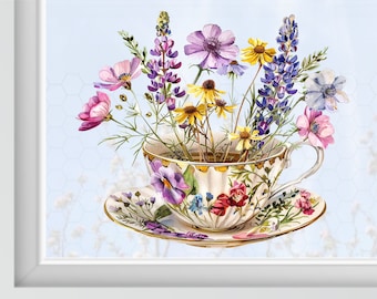 Spring window picture window sticker window decal flower cup lavender spring summer reusable