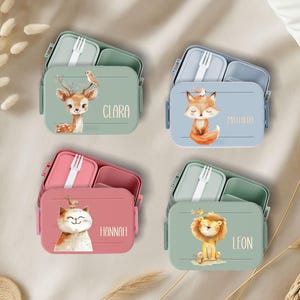 Wolga-Kreativ Brotdose Kinder personalisiert Mepal mit Namen Tiermotiv Löwe Reh Bär Fuchs Giraffe Bento Box Schule Kindergarten Set