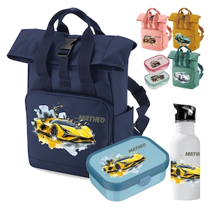 Personalisierter Kinderrucksack mit Auto Rennauto-Motiv – für Jungen Kita Kindergarten – auch als Set mit Brotdose Trinkflasche Turnbeutel