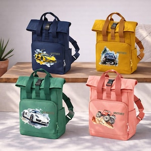 Personalisierter Kinderrucksack mit Auto Rennauto-Motiv – für Jungen Kita Kindergarten – auch als Set mit Brotdose Trinkflasche Turnbeutel