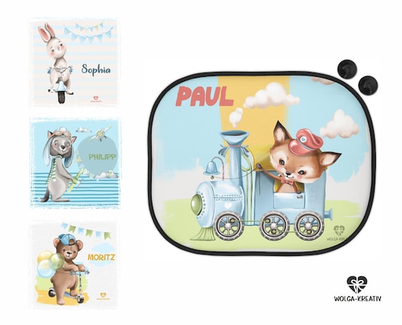 Sonnenschutz für Auto Sonnenblende Kinder Baby Mädchen Junge Tiere  Transport Hase Bär Eule Fuchs Zug mit Name-n bedruckt personalisiert -  .de