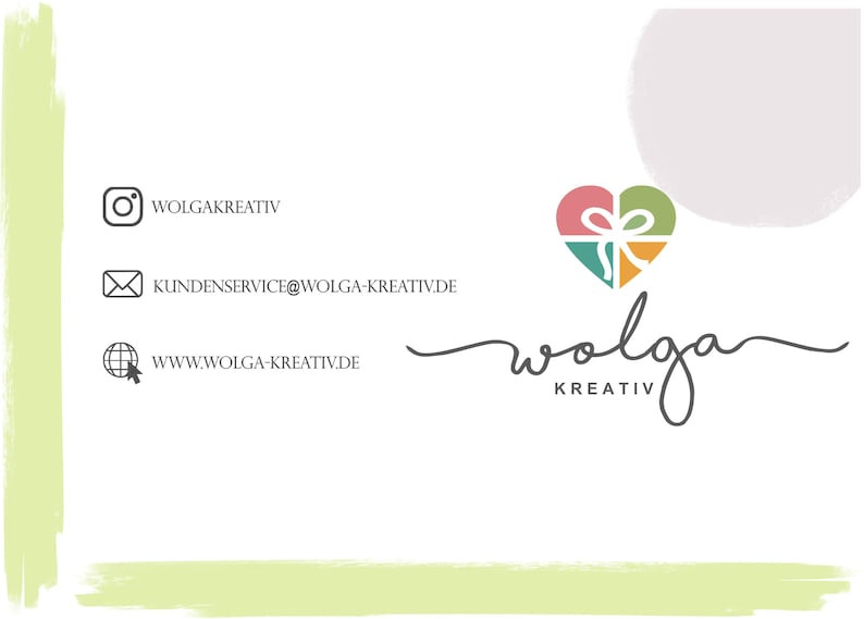 May include: A logo for a creative business called "Wolga Kreativ" featuring a heart-shaped gift box with a bow in shades of pink, green, yellow, and orange. The logo is on a white background with a light green border.