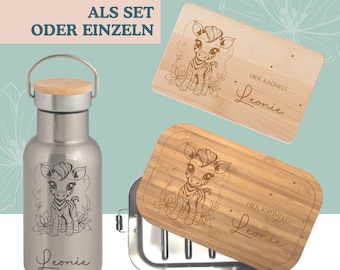 Metalldose Bambusdeckel, Holzbrettchen mit Gravur, Thermoflasche Kind personalisiert Geschenk Schule Kita Zebra mit Namen wolgakreativ