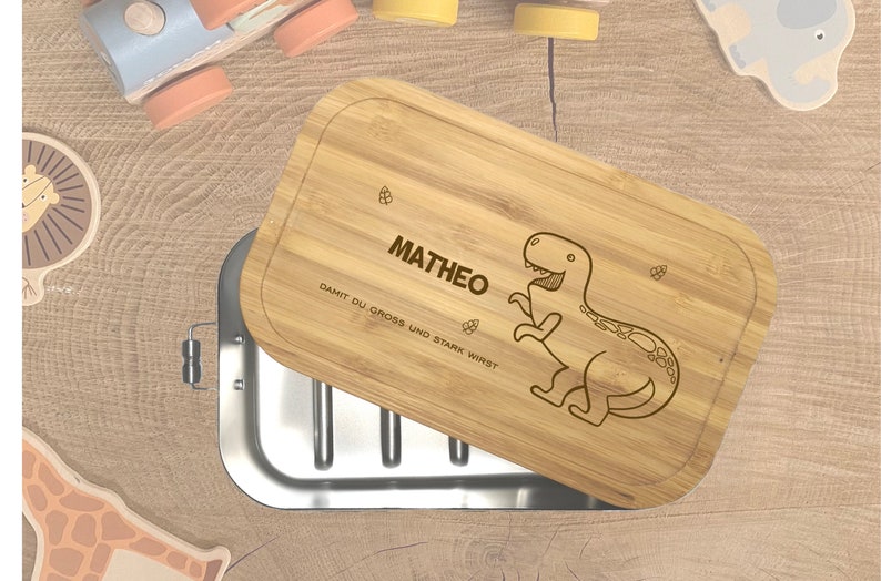 wolga-kreativ Personalisierte Brotdose aus Metall und Holz für Kinder mit Fächern und Unterteilung für Mädchen und Jungen Dino Dino groß
