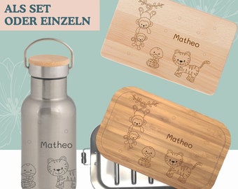 Metalldose Bambusdeckel, Holzbrettchen mit Gravur, Thermoflasche Kind personalisiert Geschenk Schule Kita Affen Tiger mit Namen wolgakreativ