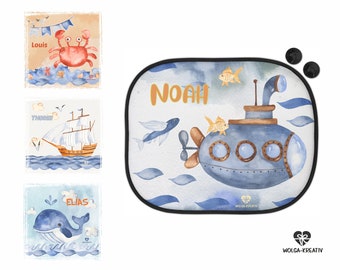 Sun protection for car sun visor children baby girl boy maritime water transport whale crab anchor with name printed personalized