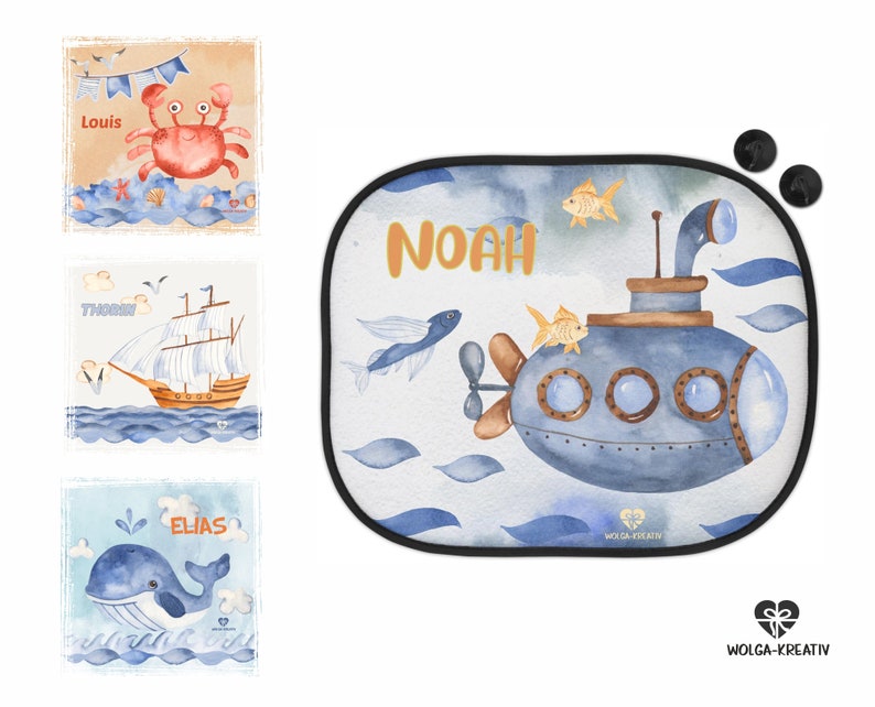 Sun protection for car sun visor children baby girl boy maritime water transport whale crab anchor with name printed personalized image 1