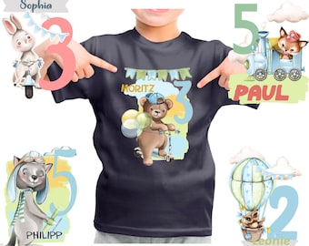 Tee shirt anniversaire chemise anniversaire personnalisé anniversaire enfant fille ou garçon prénom numéro animaux de la forêt loup ours renard