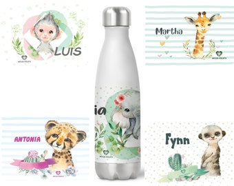 Sustainable drinking bottle thermos flask water bottle stainless steel African animals with name children boy girl personalized kindergarten school