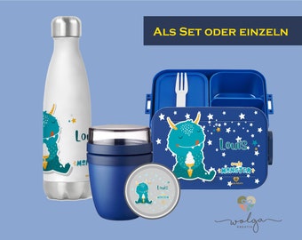 Personalisierte Bento Mepal Brotdose Thermo Trinkflasche Joghurtbecher Lunchpot mit Namen Eismonster Pausenset für Schule und Kindergarten