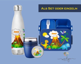 Personalisierte Bento Mepal Brotdose Thermo Trinkflasche Joghurtbecher Lunchpot mit Namen Dino Insel Pausenset für Schule und Kindergarten